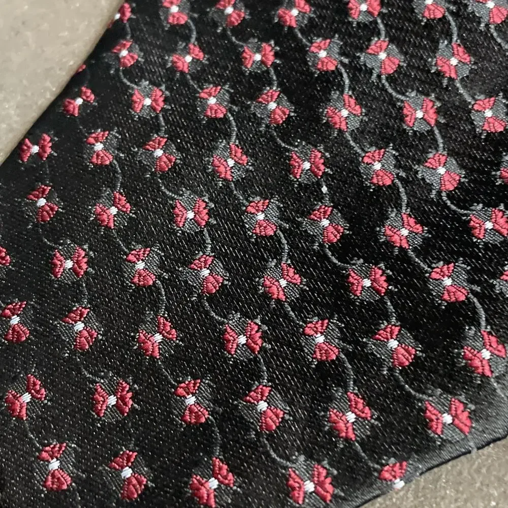Kai Long Tie 100% Silk Black/red Bow Pattern Handmade